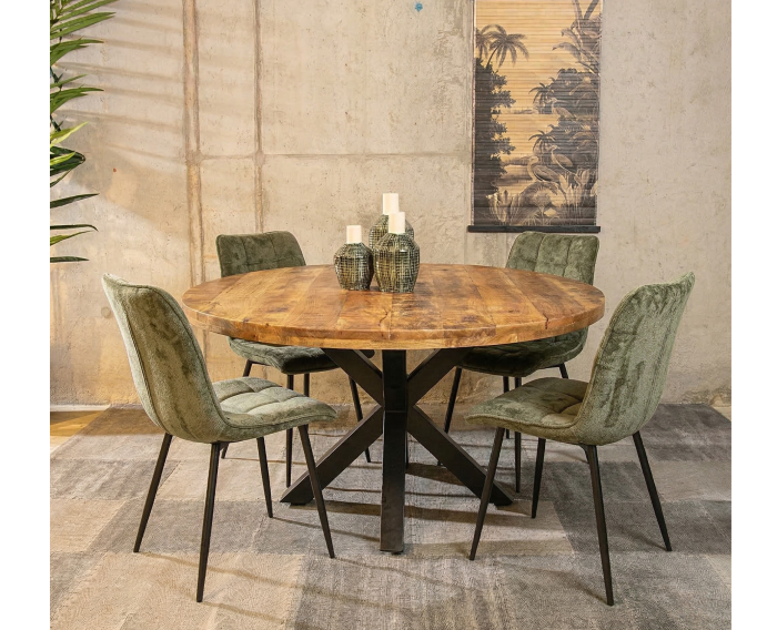 Combideal Lucille: ronde eettafel Mangohout 120 cm met 4 Lucille eetkamerstoelen - Stof perfect harmony - Groen