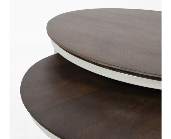 Salontafel Barbados rond set van 2 mangohout - walnoot - beige frame - 65x65x42 cm & 50x50x35 cm