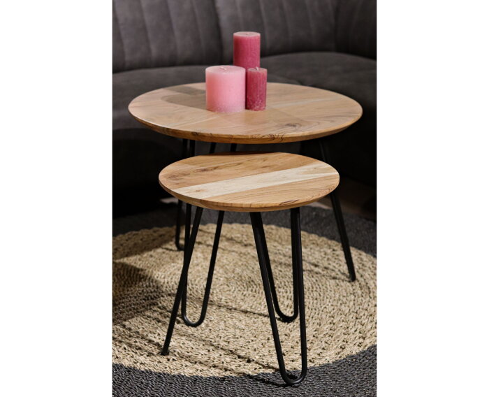 Salontafel Zurich - ø60/ø40 - Naturel/zwart - Acaciahout/ijzer - Set van 2