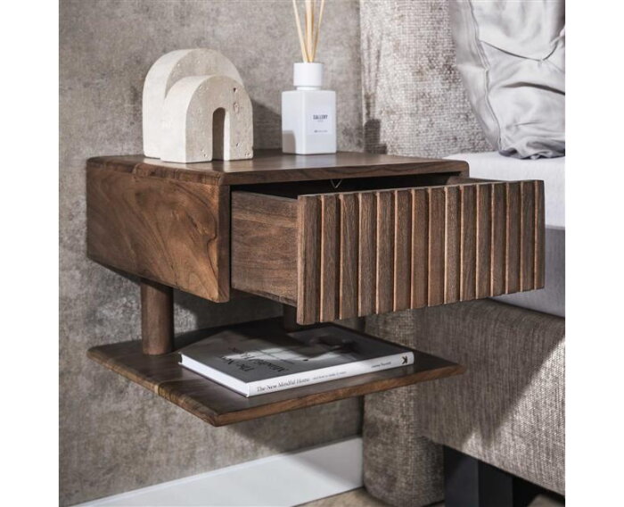 Nachtkastje 1L shelve Carve - Massief acacia drift brown