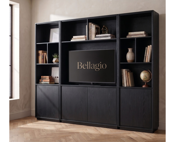Bellagio Cinewall - Tv-boekenkast - Eikenfineer - Intense black zwart - 300x42x215 cm