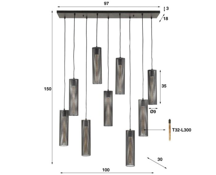 Hanglamp 5+4 tube mesh - Artic zwart