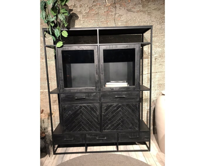 Vitrinekast Jax visgraat mangohout 160 cm - Zwart