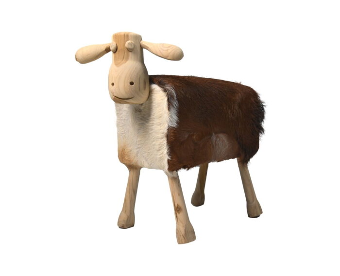 Schaap Shawn groot - 58x34x62 - Wit/bruin/naturel - Teak/geitenhuid