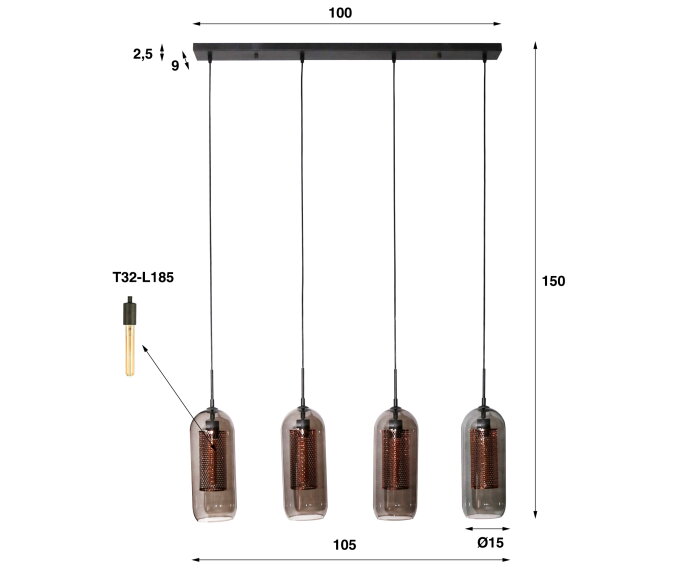 Hanglamp Rafael smoke glas metaal 4 lampen - zwart