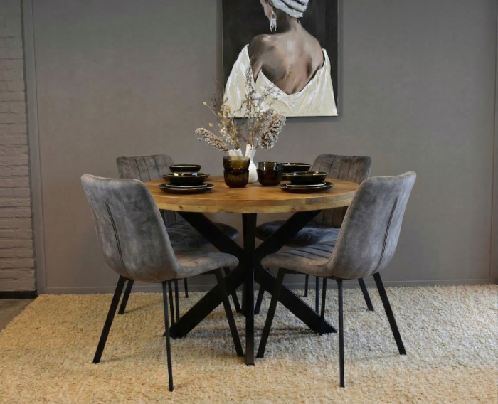 Combideal Eetkamerset: Ronde Mangohouten Eettafel met 4 antraciet Austin Stoelen  | Meubelplaats