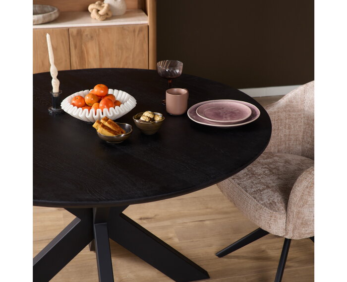 Eiken eettafel Ferris rond &Oslash;110 cm &ndash; Massief Europees eiken - metalen kruispoot - Zwart