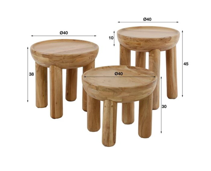 Salontafel set/3 massief rond - Massief acacia naturel