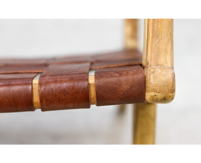 HSM Collection-Loungestoel met armleuning-naturel/cognac-leder/teak-83x73x69
