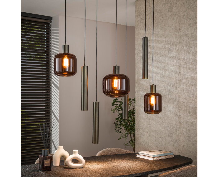 Hanglamp 4+3 metal and glass mix Bronza - Sienna brown