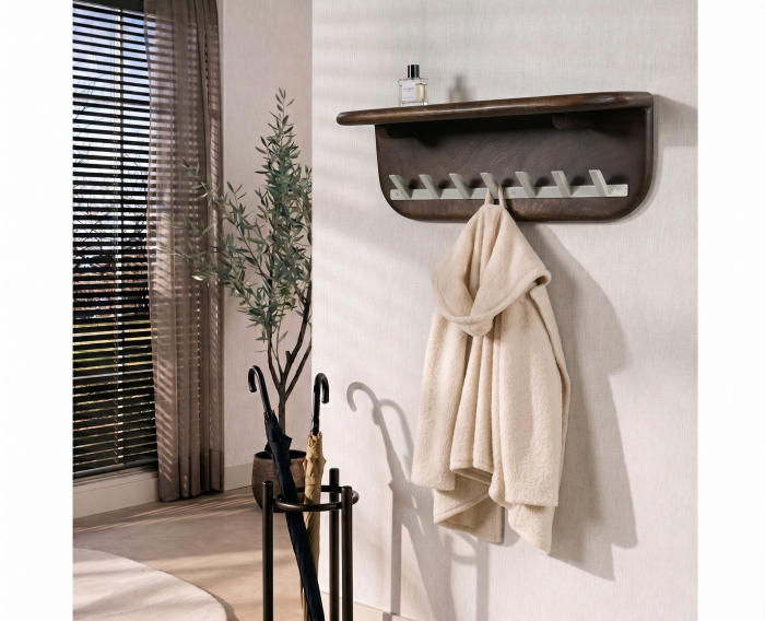 kapstok Aruba met hoedenplank mangohout - walnoot bruin - 7 haken - japandi - 60x20x20 cm