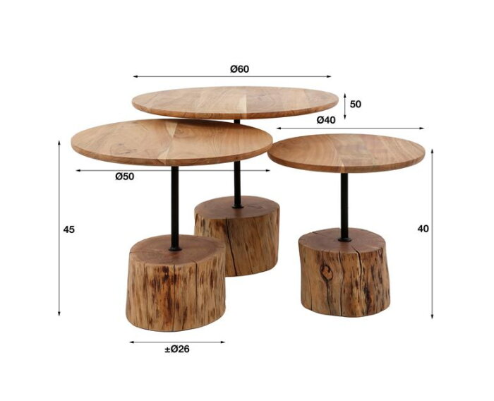 Salontafel set/3 boomstam voet - Massief acacia naturel