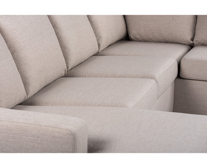 U-bank Eleven rechts By-Olaf – Stof Inari 22 Beige – Ruime 3-zits met extra loungegedeelte – 285 x 199 cm