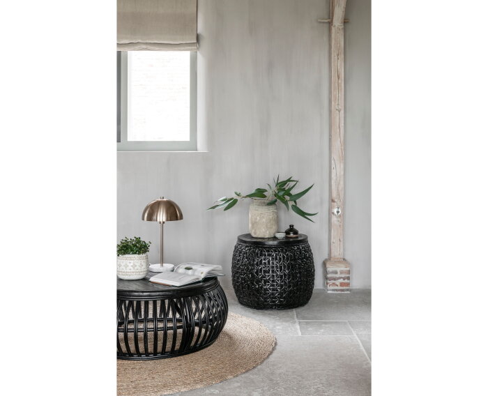 Coffee table Positano,35x&Oslash;90 cm, Black rattan, wooden top