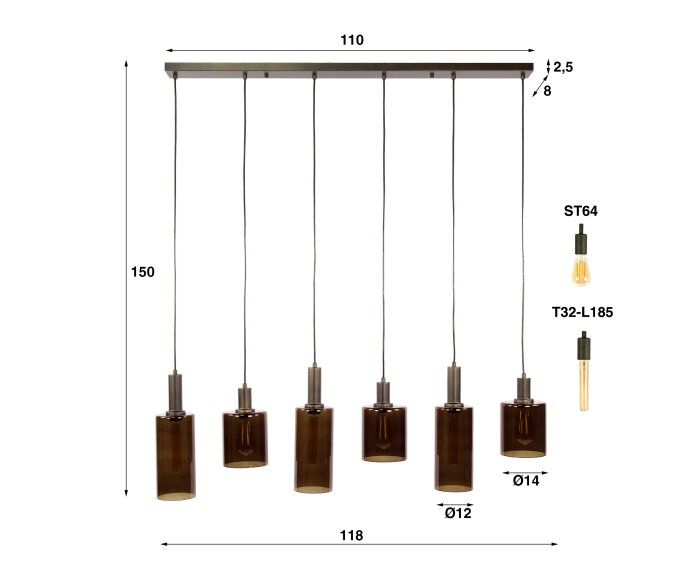 Hanglamp Sepiora 6-lichts Sienna Bruin &ndash; Luxe Hotel Chique Verlichting - 118x14x150 cm