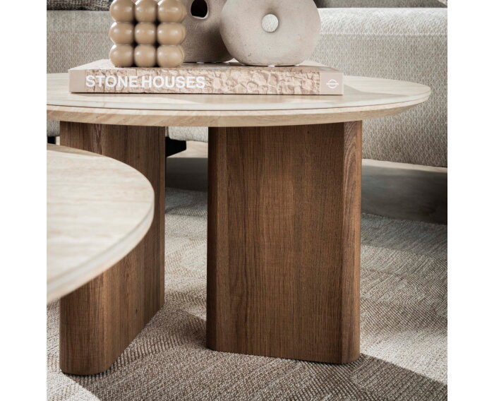 Salontafel travertin keramiek set van 2 rond - Japandi - 76x76x30 cm