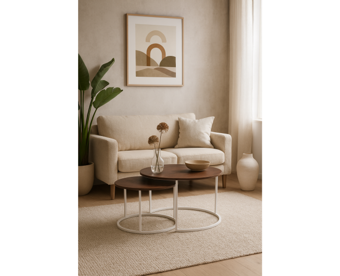 Salontafel Barbados rond set van 2 mangohout - walnoot - beige frame - 65x65x42 cm & 50x50x35 cm