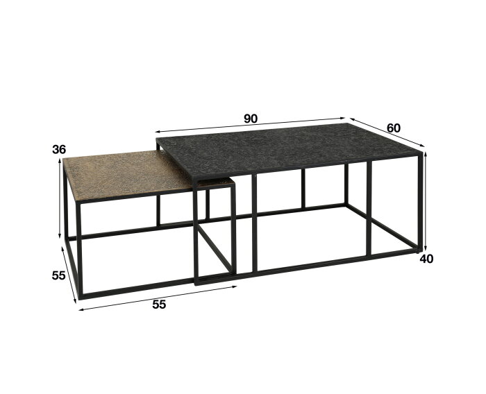 Salontafel Burlington set van 2 rechthoek Metallic - zwart/brass