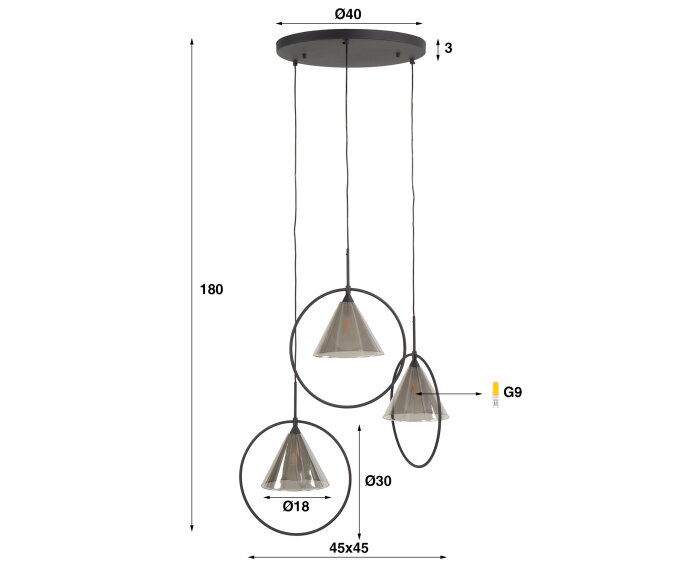 Hanglamp 3L ring getrapt tapse kap (G9) - Smoke grey glas