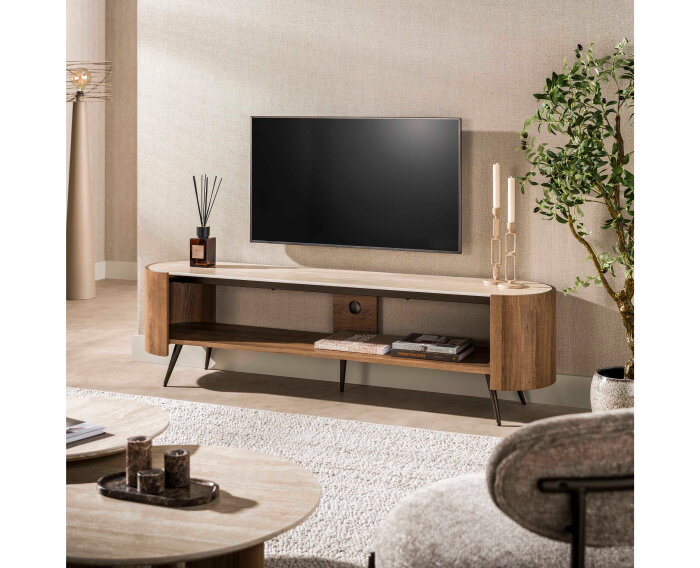 TV meubel Arcus 180x40x49 cm - Travertin keramiek - Japandi