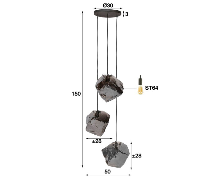 Hanglamp Rocky Chromed 3 lampen - Glas