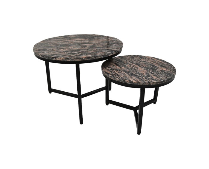 Ronde Salontafel Set van 2 - ø60x45/ø45x34 - Bruin/zwart - Marmer