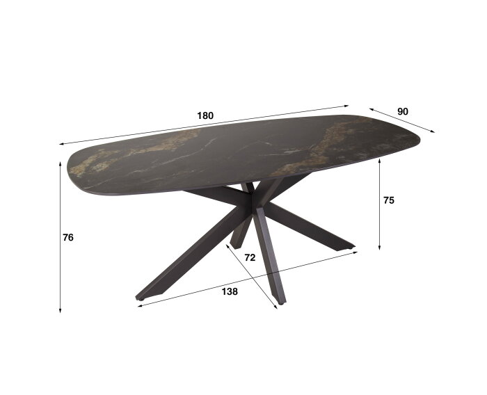 Eettafel Fossil deens ovaal keramiek 180x90x76 cm - zwart - marmer look