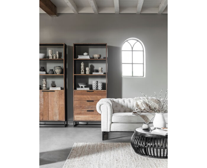 Coffee table Positano,35x&Oslash;90 cm, Black rattan, wooden top