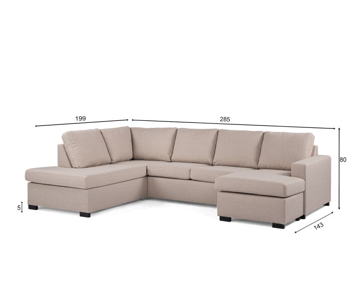 U-bank Eleven rechts By-Olaf – Stof Inari 22 Beige – Ruime 3-zits met extra loungegedeelte – 285 x 199 cm