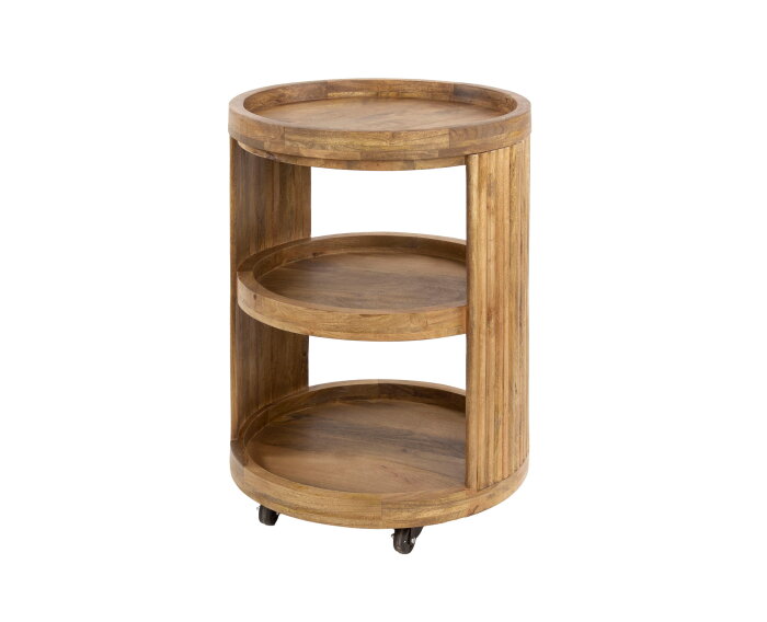 Wijntrolley Wave &ndash; Rond Mangohout Zandkleur - afneembaar dienblad - Wielen &ndash; 55x79 cm