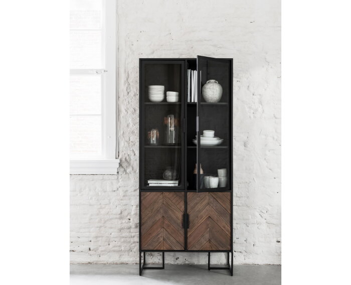 Showcase Criss Cross, 2 glass/metal doors, 2 wooden doors,185x80x40 cm, mixed wood