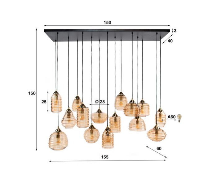 Hanglamp 5+5+5 rib glass - Amber color glas