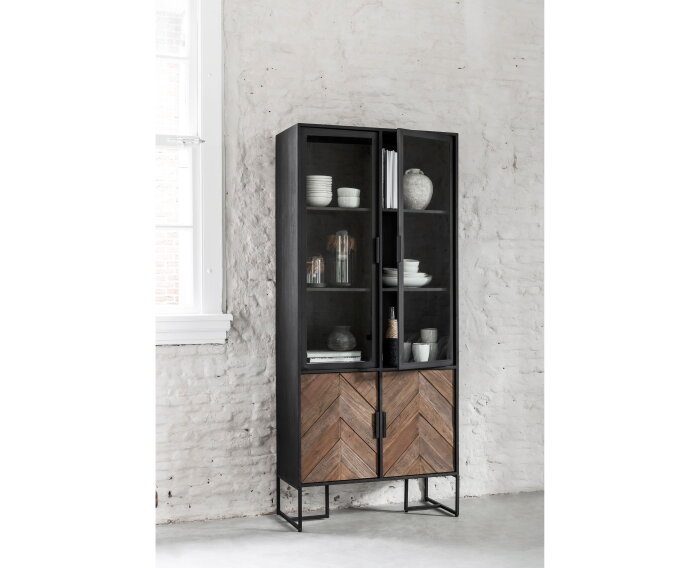 Showcase Criss Cross, 2 glass/metal doors, 2 wooden doors,185x80x40 cm, mixed wood