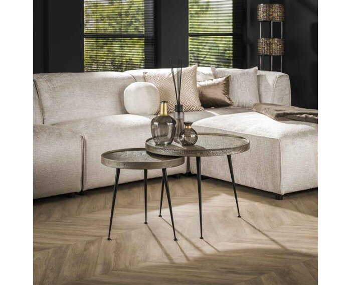 Salontafel set/2 rond print - Zilverkleurig gezandstraald