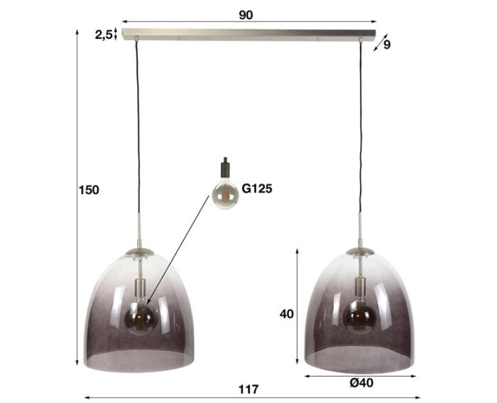 Hanglamp 2xØ40 shaded ovaal glas - Mat nikkel