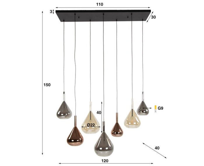 Hanglamp 4+3 wings mix glass - Zwart