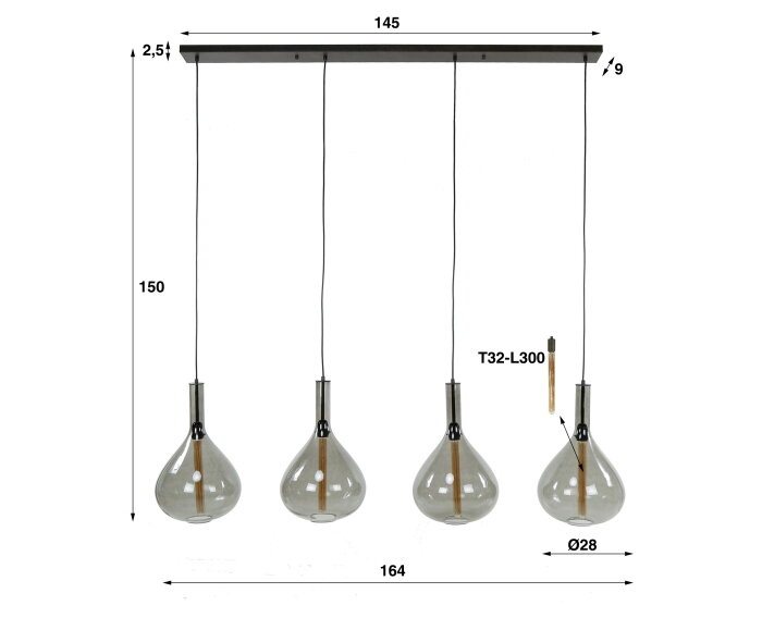 Hanglamp drop smoke glass 4 lampen - Artic zwart