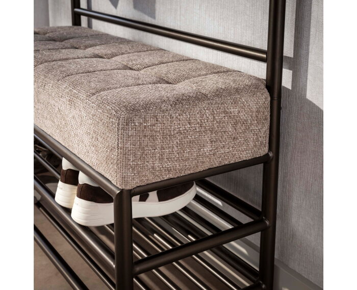 Garderobebank Luno met zitkussen - kapstok - schoenenrek - garderobemeubel &ndash; Drift brown - 11-haaks&ndash; 100x36x183 cm