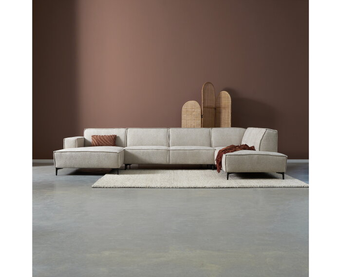 U-bank RIVER Hoekbank &ndash; Chaise Longue Links + 2,5-Zits + Ottoman Rechts &ndash; Stof Majestic Beige &ndash; 368 cm