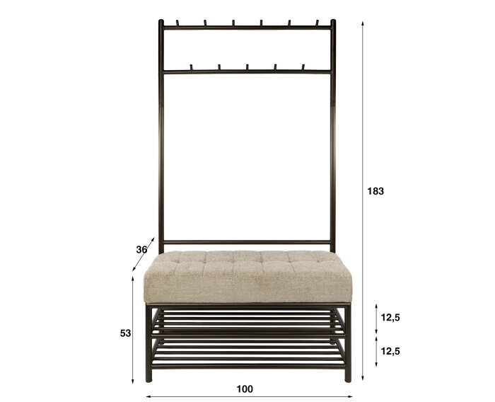 Garderobebank Luno met zitkussen - kapstok - schoenenrek - garderobemeubel &ndash; Drift brown - 11-haaks&ndash; 100x36x183 cm