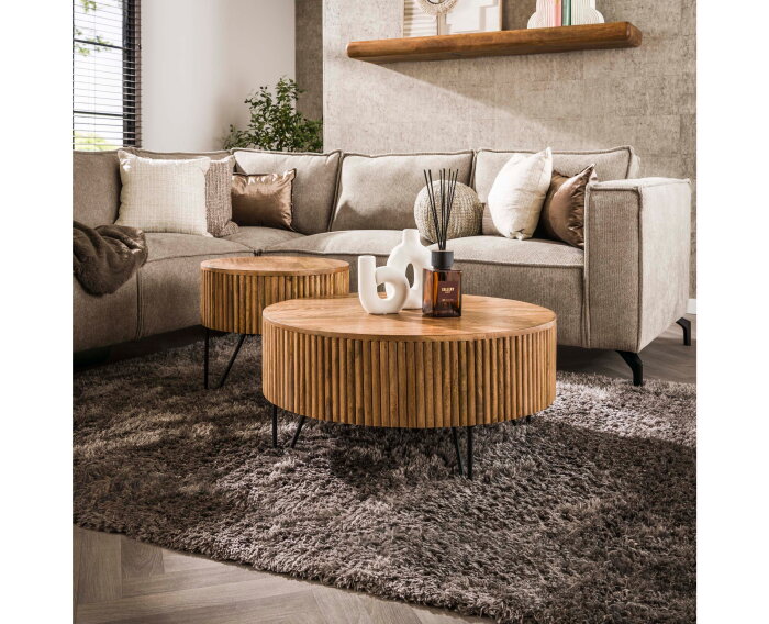 Salontafel Wave set van 2 rond mangohout - Zandkleur