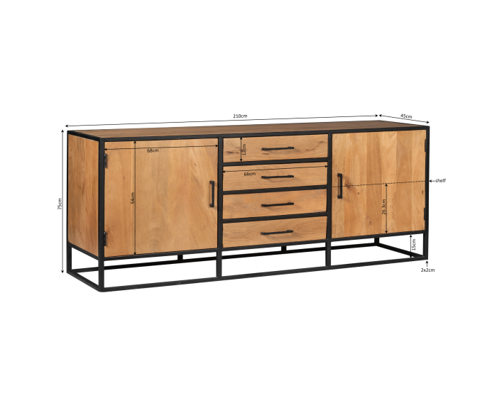 Dressoir Denver | Mangohout en staal | 210 cm