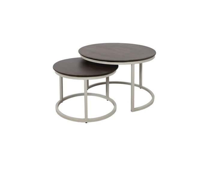 Salontafel Barbados rond set van 2 mangohout - walnoot - beige frame - 65x65x42 cm & 50x50x35 cm