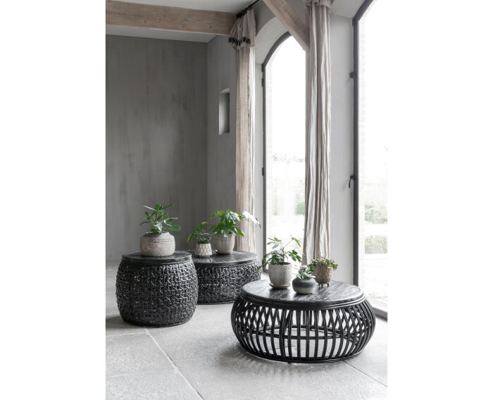 Coffee table Positano,35x&Oslash;90 cm, Black rattan, wooden top