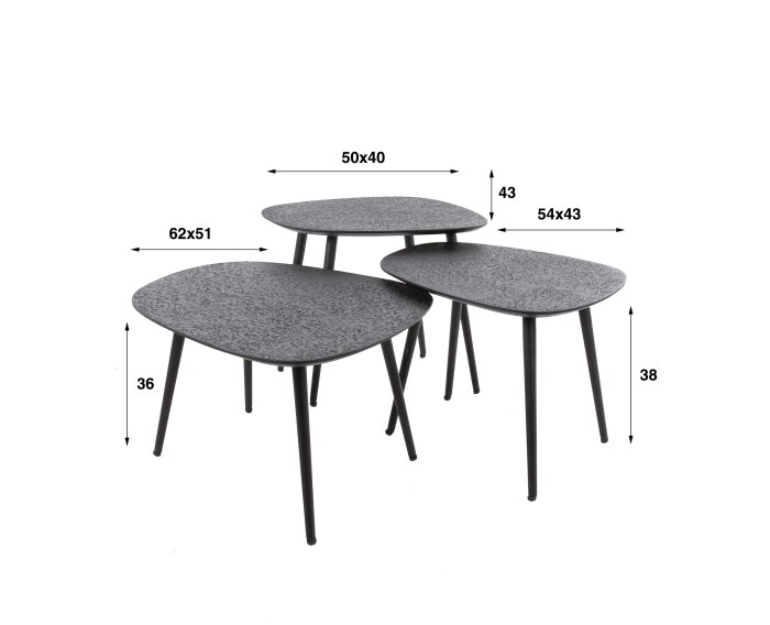 Salontafel Ontario set van 3 vierhoekig metallic - zwart