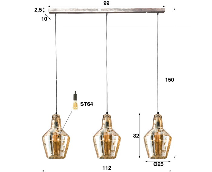 Hanglamp Amber 3 lampen kegel - Oud zilver