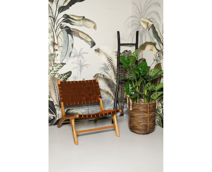 HSM Collection-Loungestoel met armleuning-naturel/cognac-leder/teak-83x73x69