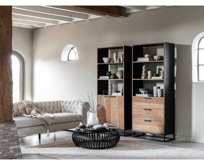 Coffee table Positano,35x&Oslash;90 cm, Black rattan, wooden top