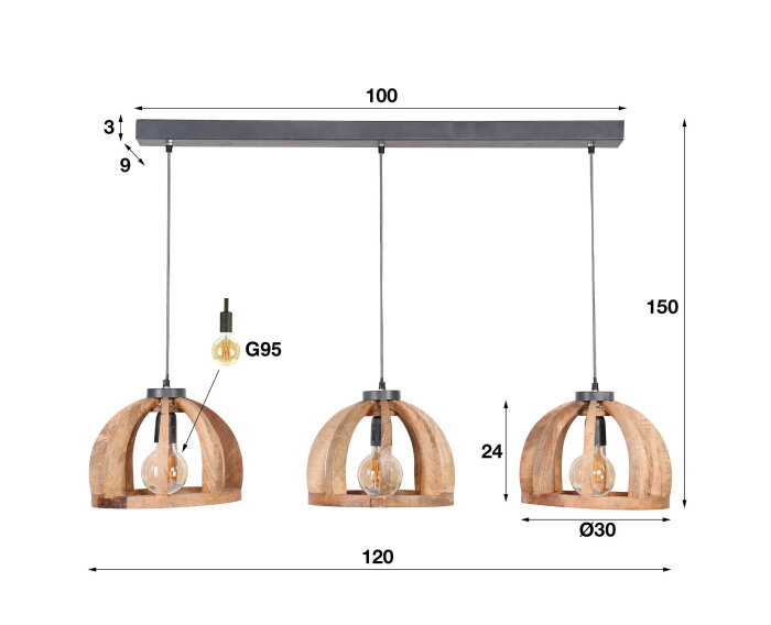Hanglamp Cage &Oslash;30 cm 3 lampen mangohout - naturel