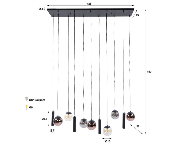 Hanglamp Orb 6+5L - Zwart